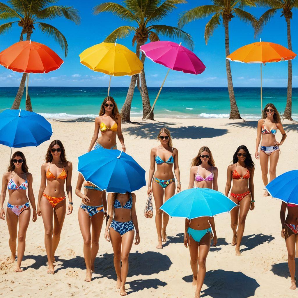 A stunning beach scene featuring a diverse group of models showcasing the latest bikini trends, including high-waisted styles, bold patterns, and vibrant colors. The background includes a bright blue ocean, palm trees swaying in the breeze, and sunbathers enjoying the summer sun. Add a sun-drenched sandy beach where beach umbrellas and stylish accessories are artfully arranged. The overall vibe should radiate summer joy and fashion-forwardness. vibrant colors. super-realistic. beach setting.